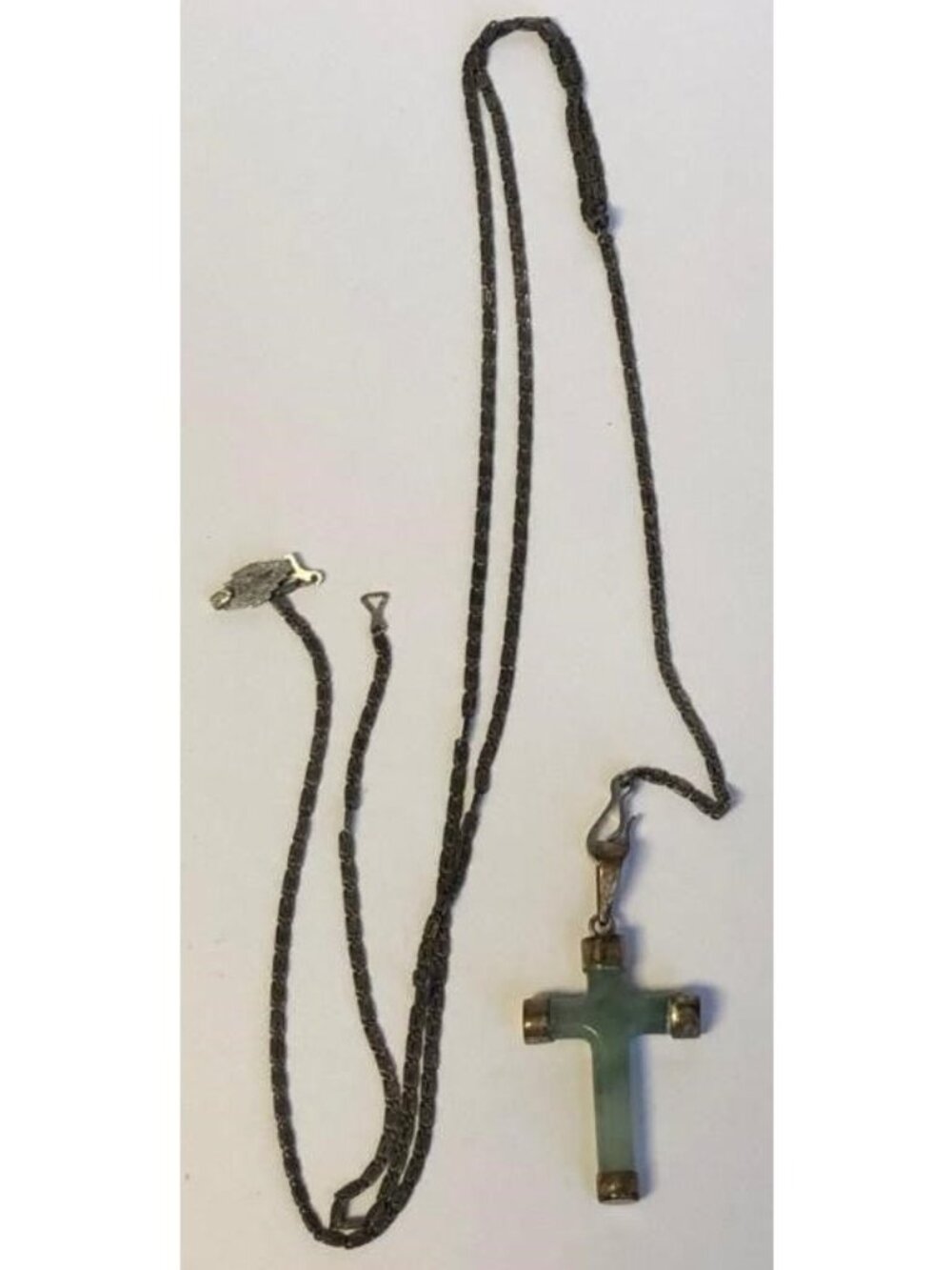 Antique Rosary Style Jade Cross Necklace Sterling Silver